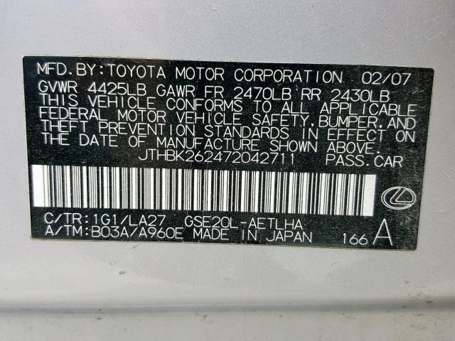 JTHBK262472042711 - 2007 LEXUS IS 250 SILVER photo 10