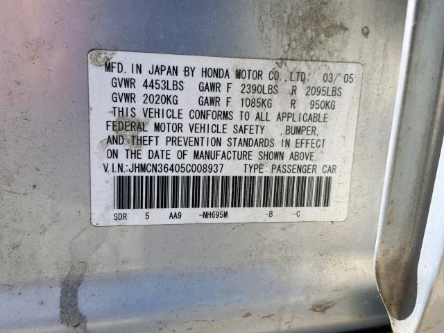 JHMCN36405C008937 - 2005 HONDA ACCORD HYB SILVER photo 10