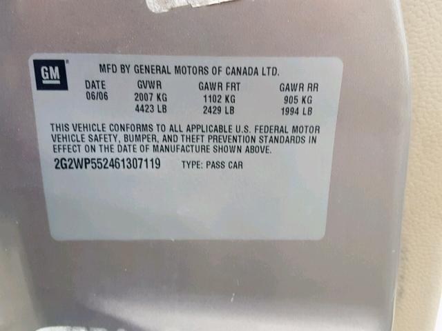 2G2WP552461307119 - 2006 PONTIAC GRAND PRIX BEIGE photo 10