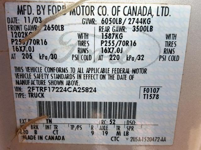 2FTRF17224CA25824 - 2004 FORD F-150 HERI SILVER photo 10