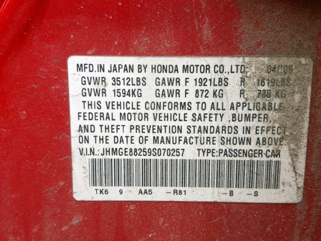 JHMGE88259S070257 - 2009 HONDA FIT RED photo 10