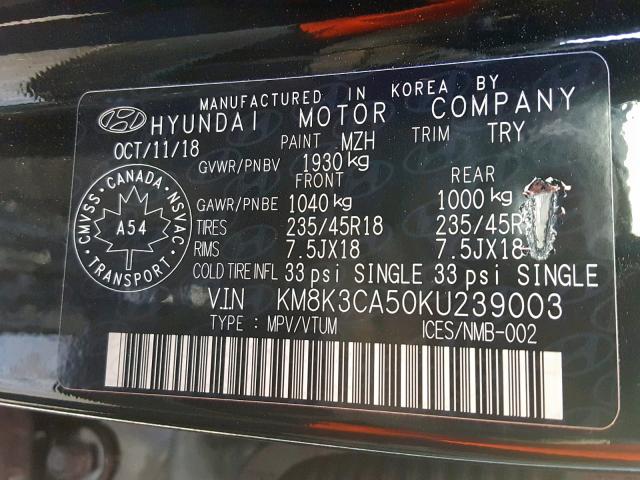 KM8K3CA50KU239003 - 2019 HYUNDAI KONA LIMIT BLACK photo 10