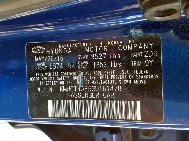 KMHCT4AE5GU161478 - 2016 HYUNDAI ACCENT SE BLUE photo 10