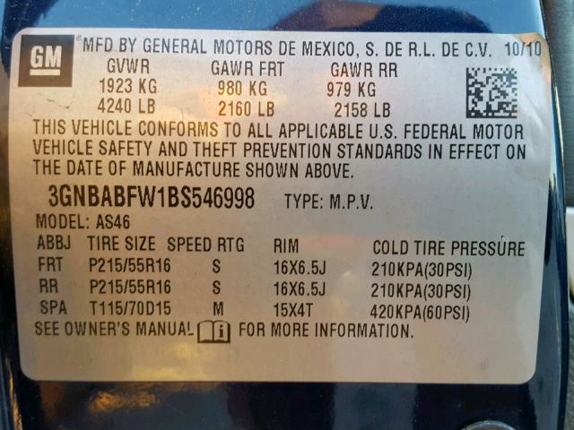 3GNBABFW1BS546998 - 2011 CHEVROLET HHR LT BLUE photo 10