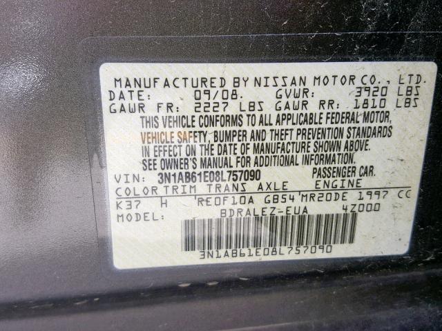 3N1AB61E08L757090 - 2008 NISSAN SENTRA 2.0 CHARCOAL photo 10