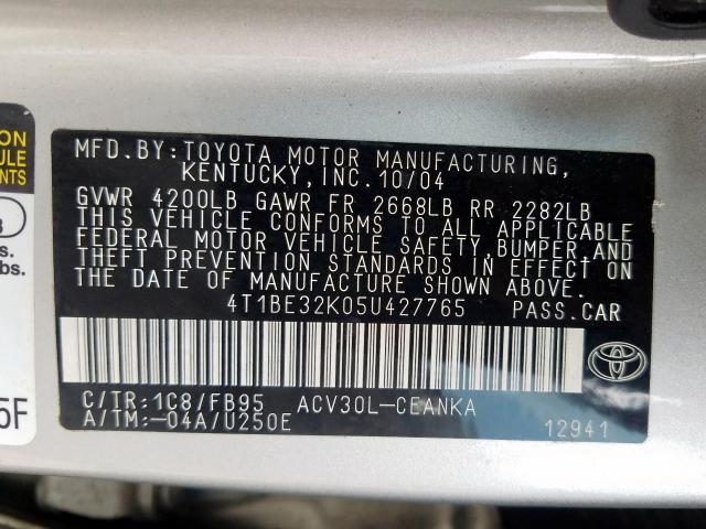 4T1BE32K05U427765 - 2005 TOYOTA CAMRY LE  photo 10