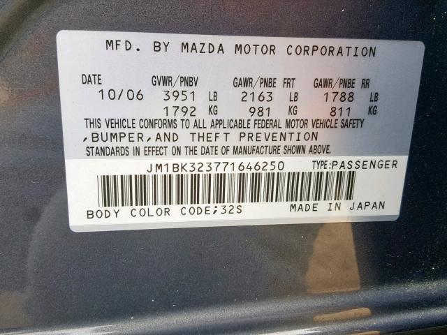 JM1BK323771646250 - 2007 MAZDA 3 S GRAY photo 10