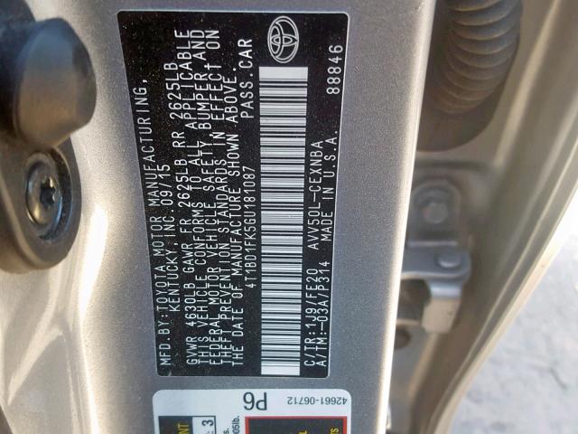 4T1BD1FK5GU181087 - 2016 TOYOTA CAMRY HYBR SILVER photo 10