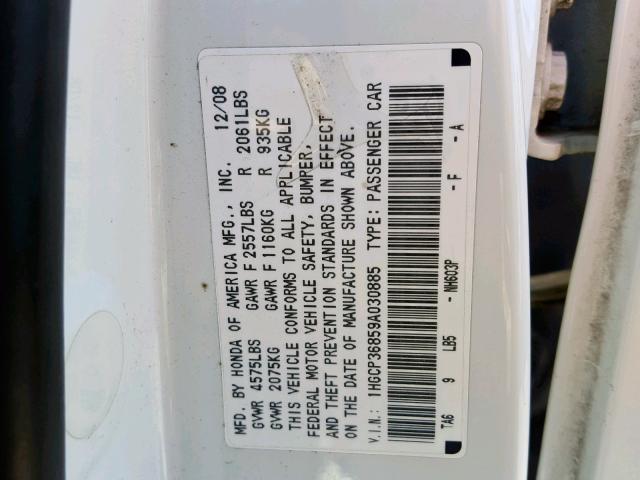 1HGCP36859A030885 - 2009 HONDA ACCORD EXL WHITE photo 10