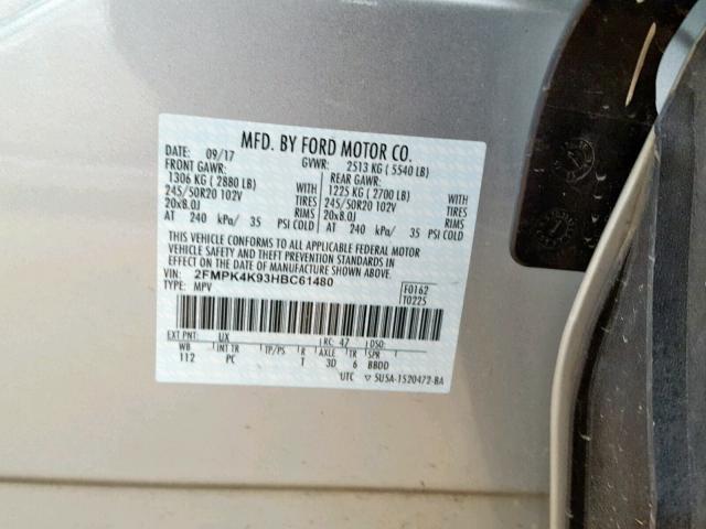 2FMPK4K93HBC61480 - 2017 FORD EDGE TITAN SILVER photo 10