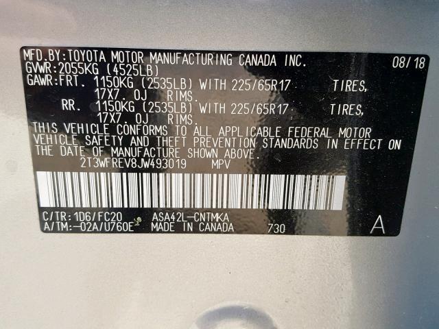 2T3WFREV8JW493019 - 2018 TOYOTA RAV4 ADVEN SILVER photo 10