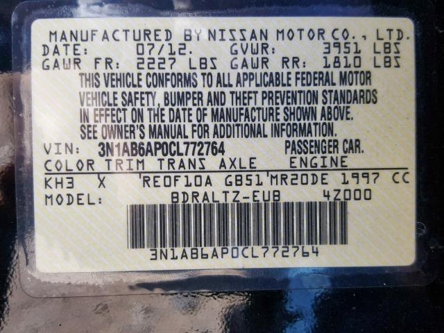 3N1AB6AP0CL772764 - 2012 NISSAN SENTRA 2.0 BLACK photo 10