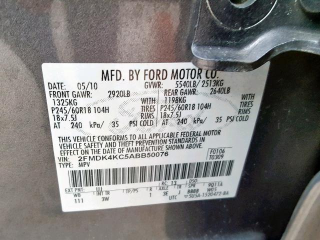 2FMDK4KC5ABB50076 - 2010 FORD EDGE LIMIT GRAY photo 10