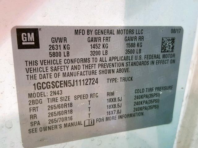 1GCGSCEN5J1112724 - 2018 CHEVROLET COLORADO L WHITE photo 10