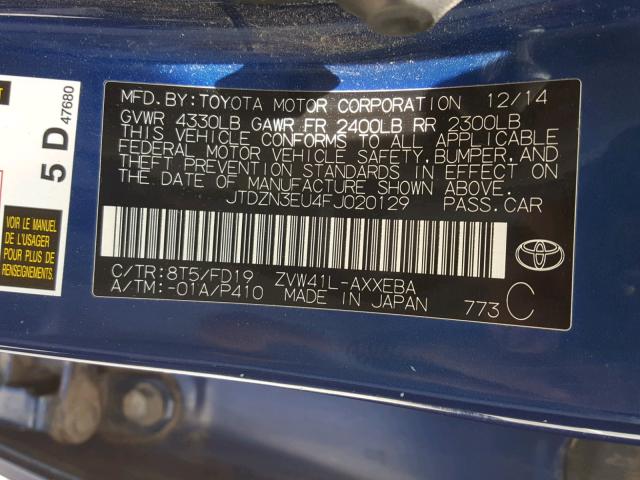 JTDZN3EU4FJ020129 - 2015 TOYOTA PRIUS V BLUE photo 10