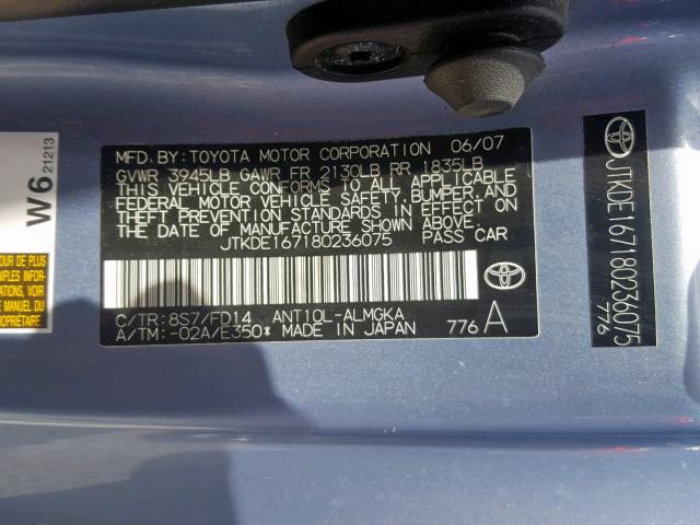 JTKDE167180236075 - 2008 SCION TC BLUE photo 10