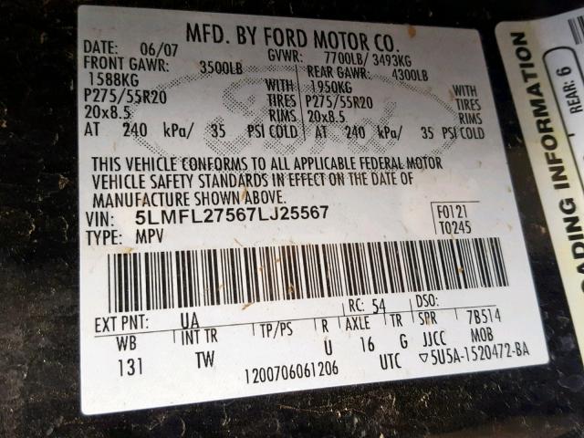 5LMFL27567LJ25567 - 2007 LINCOLN NAVIGATOR 黑色 照片 10