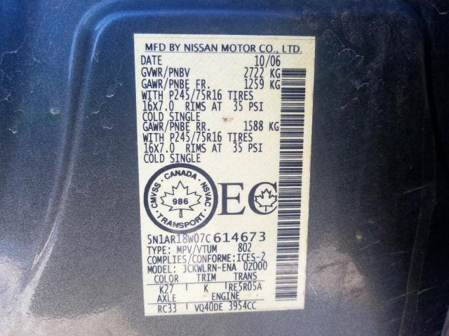 5N1AR18W07C614673 - 2007 NISSAN PATHFINDER LE  ფოტო 10