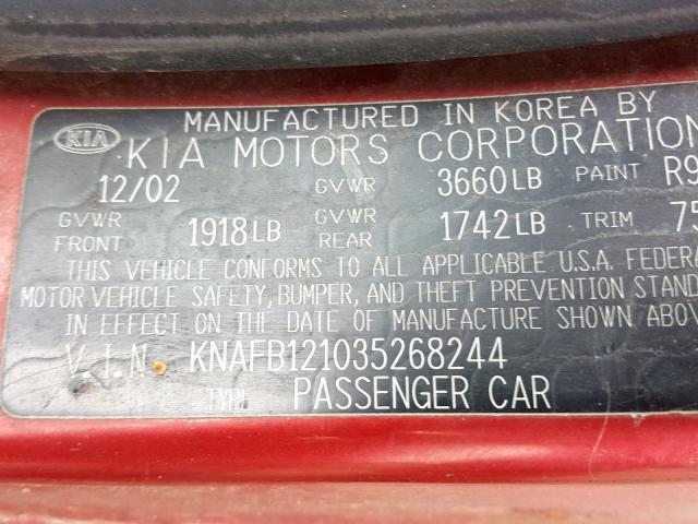 KNAFB121035268244 - 2003 KIA SPECTRA BA MAROON photo 10