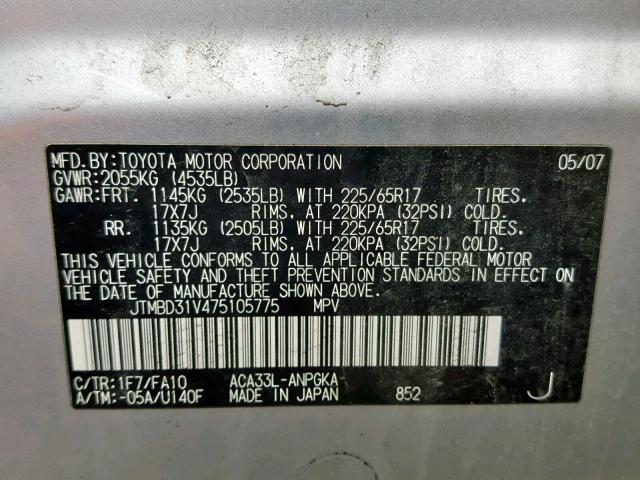 JTMBD31V475105775 - 2007 TOYOTA RAV4 LIMIT SILVER photo 10