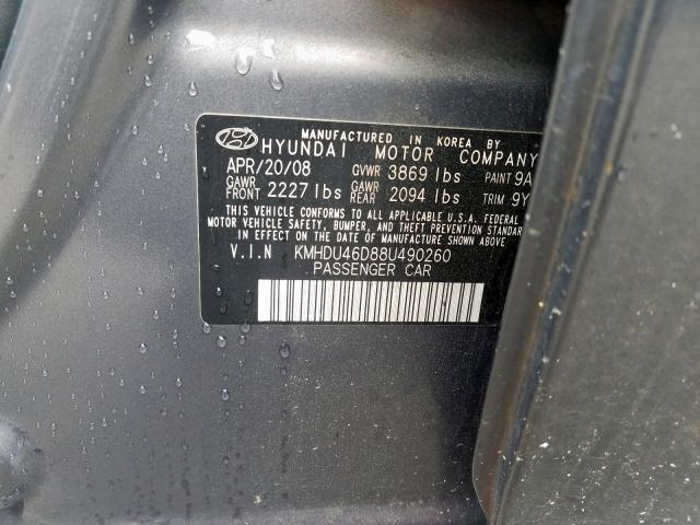 KMHDU46D88U490260 - 2008 HYUNDAI ELANTRA GLS  photo 10