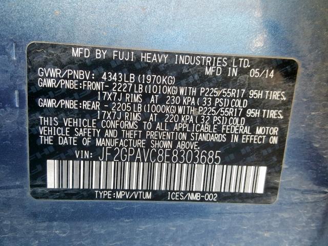 JF2GPAVC8E8303685 - 2014 SUBARU XV CROSSTR BLUE photo 10