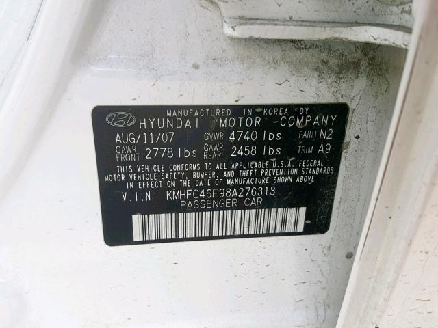 KMHFC46F98A276313 - 2008 HYUNDAI AZERA SE WHITE photo 10