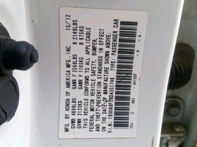 19UUA8F59DA001746 - 2013 ACURA TL TECH WHITE photo 10