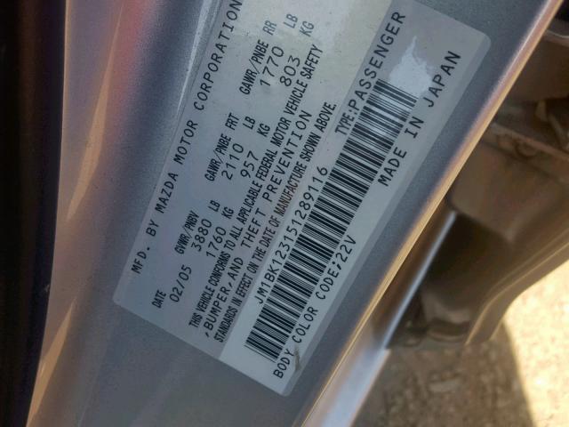 JM1BK123151289116 - 2005 MAZDA 3 S SILVER photo 10