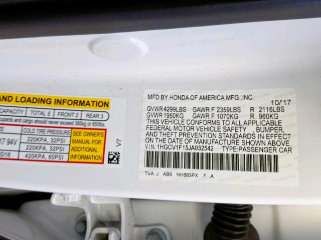 1HGCV1F15JA032542 - 2018 HONDA ACCORD LX WHITE photo 10