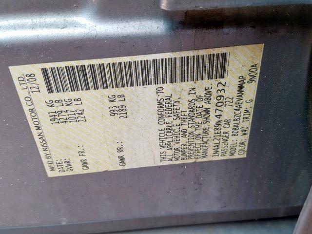 1N4AL21E89N470932 - 2009 NISSAN ALTIMA 2.5 GRAY photo 10