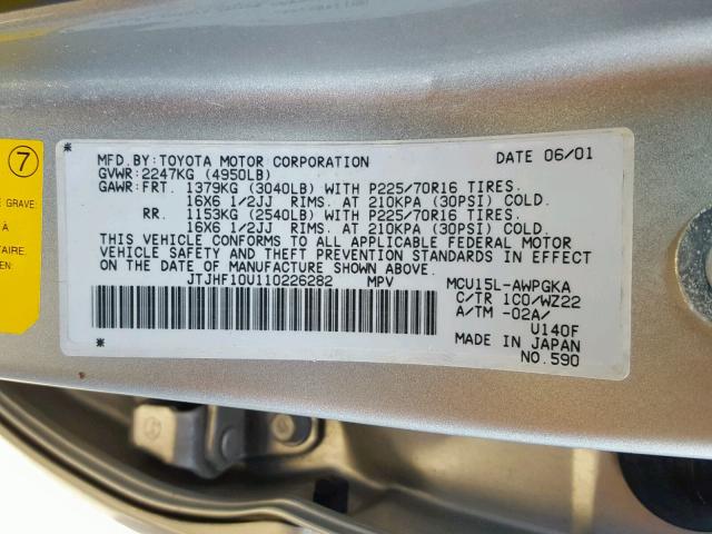 JTJHF10U110226282 - 2001 LEXUS RX 300 GRAY photo 10