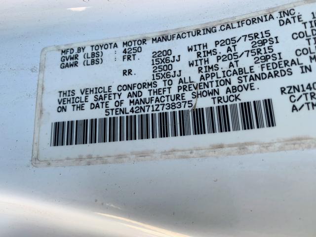 5TENL42N71Z738375 - 2001 TOYOTA TACOMA WHITE photo 10