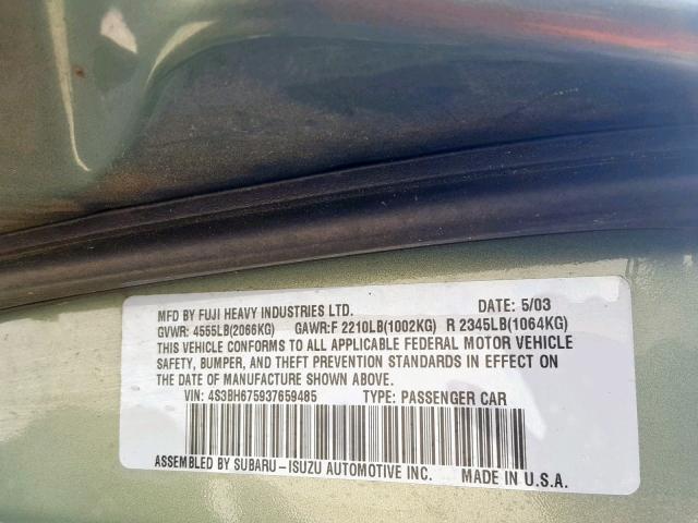 4S3BH675937659485 - 2003 SUBARU LEGACY OUT GREEN photo 10