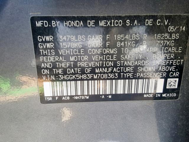 3HGGK5H83FM708363 - 2015 HONDA FIT EX CHARCOAL photo 10