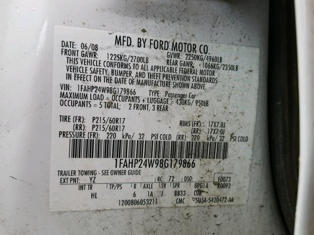 1FAHP24W98G179866 - 2008 FORD TAURUS SEL WHITE photo 10