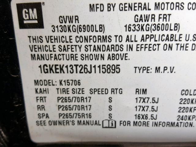 1GKEK13T26J115895 - 2006 GMC YUKON BLACK photo 10