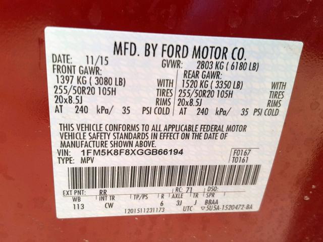 1FM5K8F8XGGB66194 - 2016 FORD EXPLORER L RED photo 10