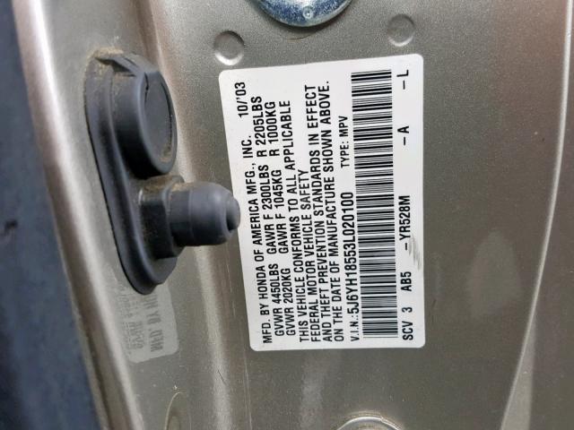 5J6YH18553L020100 - 2003 HONDA ELEMENT EX GRAY photo 10