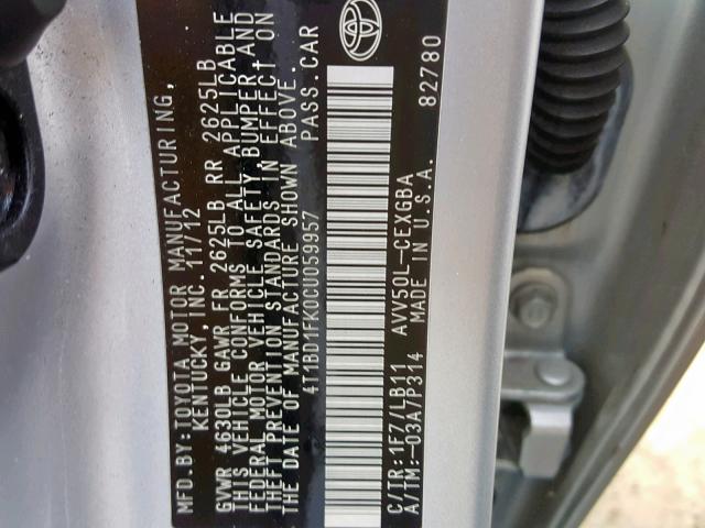 4T1BD1FK0CU059957 - 2012 TOYOTA CAMRY HYBR SILVER photo 10