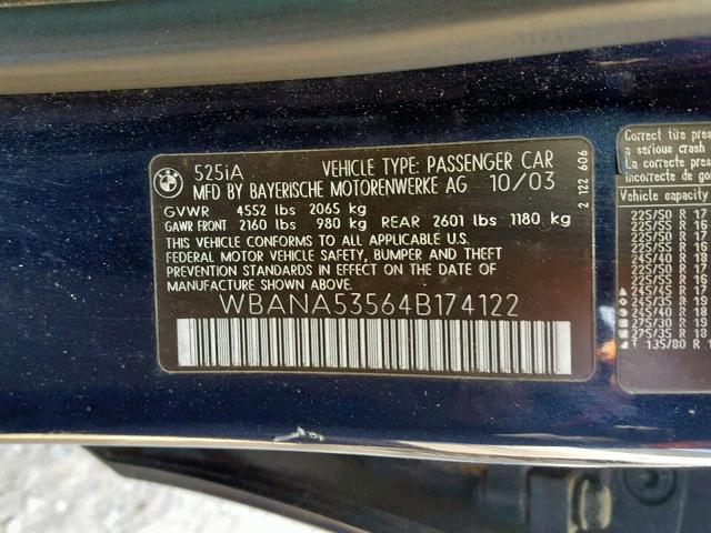 WBANA53564B174122 - 2004 BMW 525 I BLUE photo 10