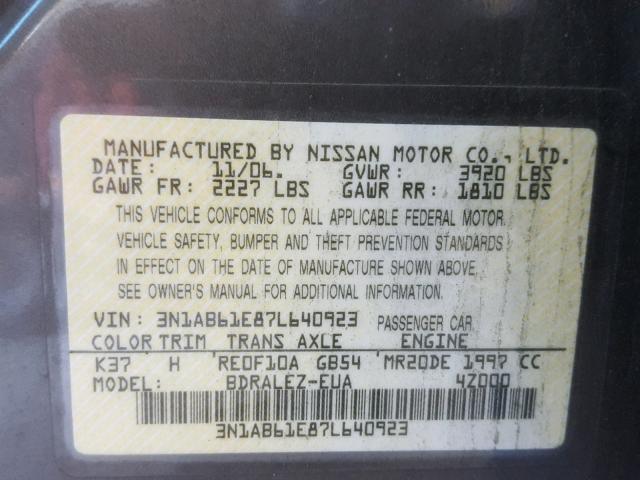 3N1AB61E87L640923 - 2007 NISSAN SENTRA 2.0 GRAY photo 10