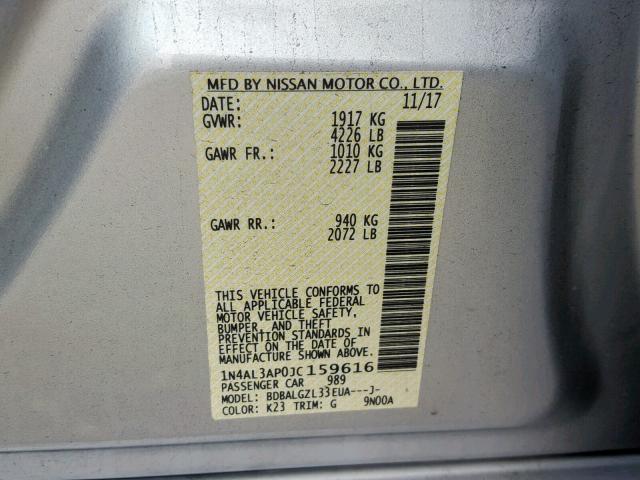 1N4AL3AP0JC159616 - 2018 NISSAN ALTIMA 2.5 SILVER photo 10