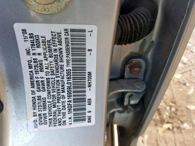 1HGFA16959L016355 - 2009 HONDA CIVIC EXL SILVER photo 10