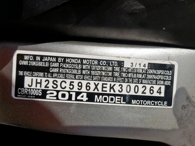 JH2SC596XEK300264 - 2014 HONDA CBR1000 S TWO TONE photo 10