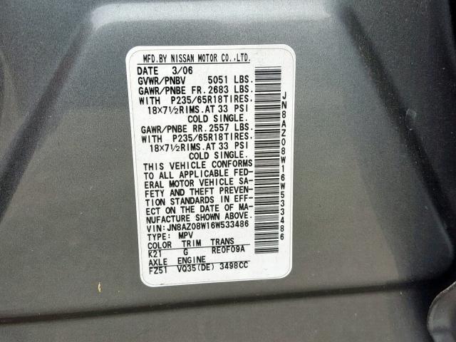 JN8AZ08W16W533486 - 2006 NISSAN MURANO SL GRAY photo 10