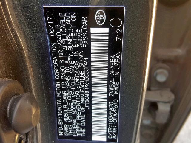 JTDKARFPXH3033094 - 2017 TOYOTA PRIUS PRIM GRAY photo 10