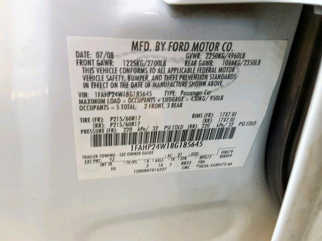 1FAHP24W18G185645 - 2008 FORD TAURUS SEL WHITE photo 10