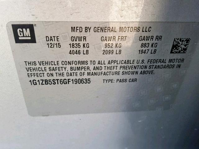 1G1ZB5ST6GF190635 - 2016 CHEVROLET MALIBU LS SILVER photo 10