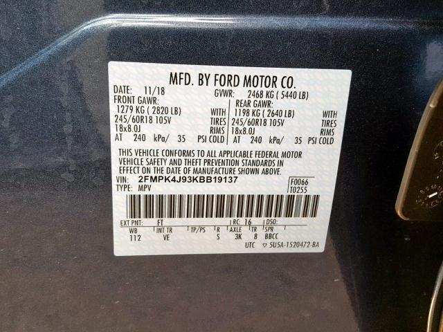 2FMPK4J93KBB19137 - 2019 FORD EDGE SEL BLUE photo 10